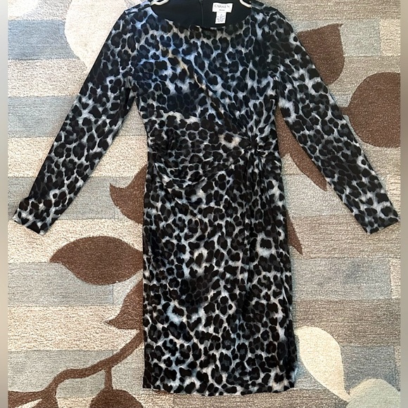Carmen Marc Valvo Long Sleeve Ruched Bodycon Black Leopard Dress ZB1 - Picture 3 of 9